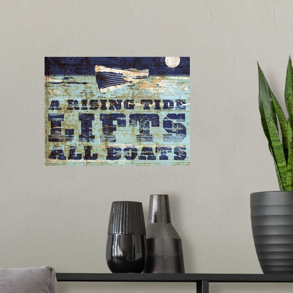 A modern room featuring A row boat floating at sea under a full moon with the words A Rising Tide Lifts All Boats.
