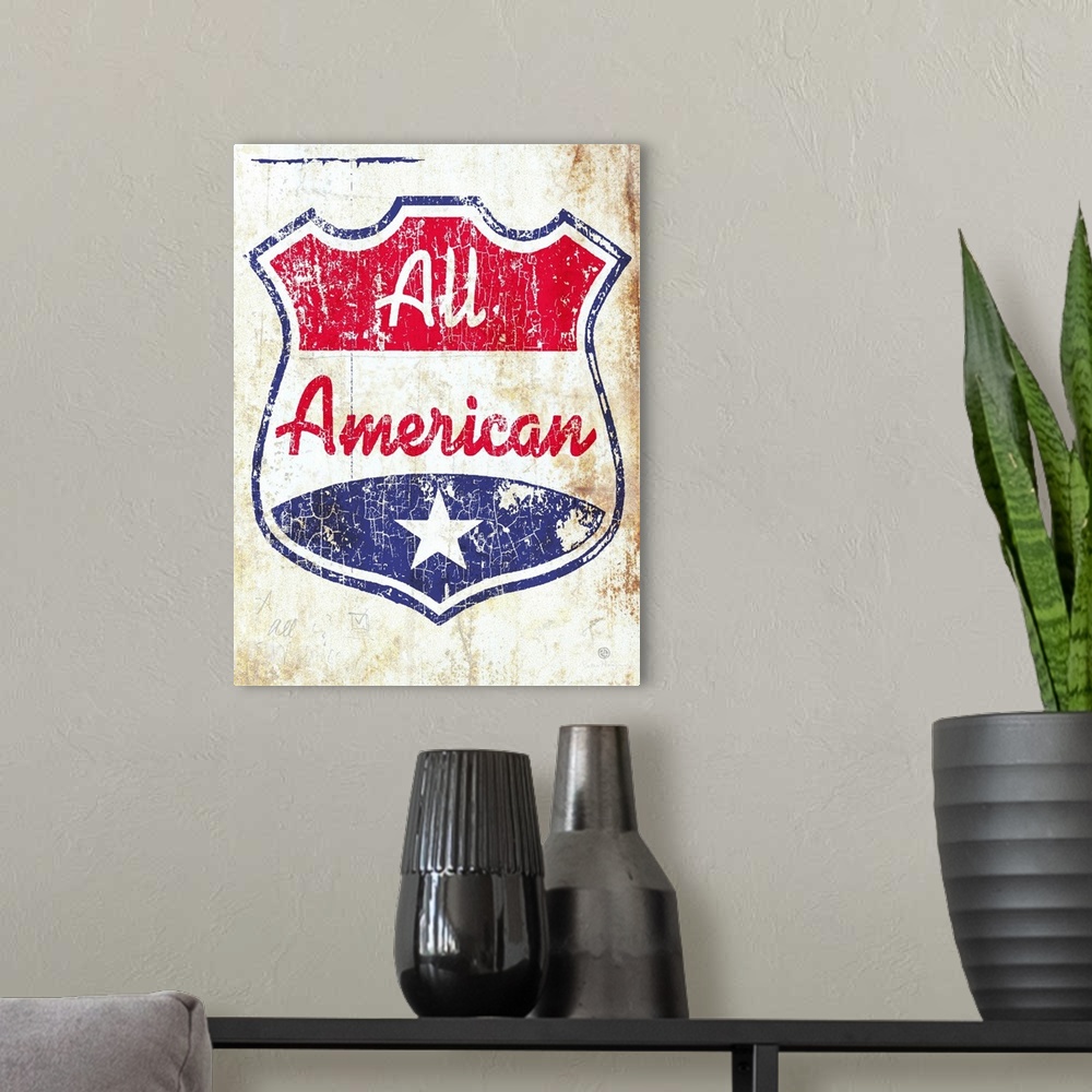 A modern room featuring A red, white and blue crest or shield with the words All American on an old aged, distressed, and...