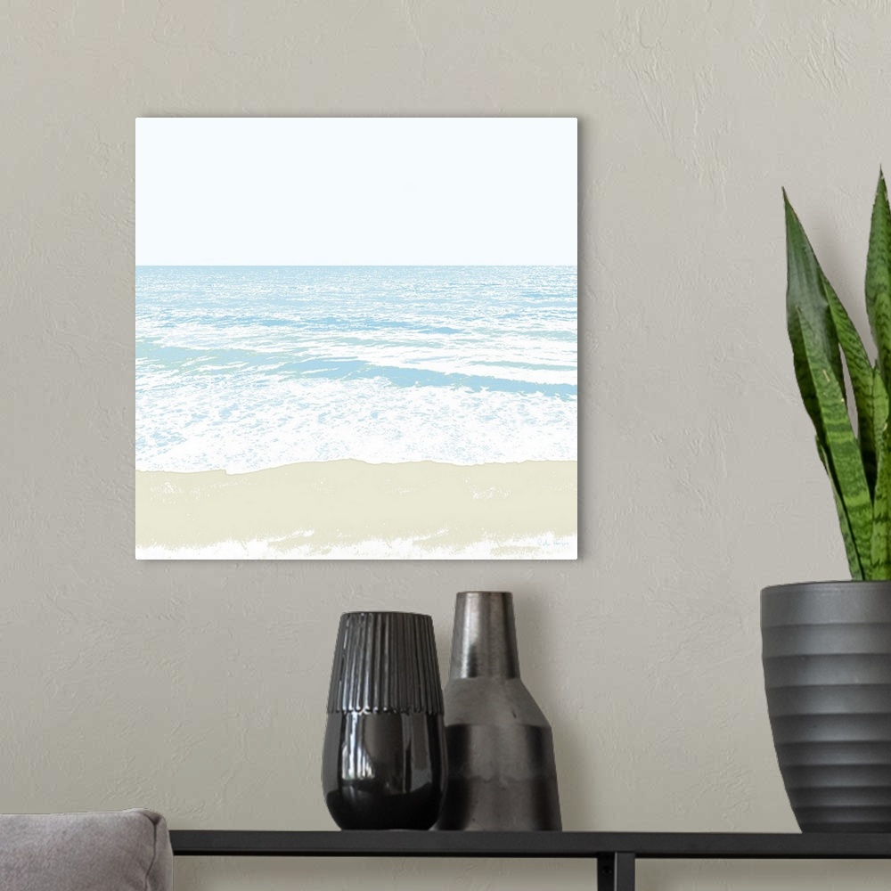 A modern room featuring A simple graphic of a peaceful ocean beach with small waves and gleaming sand in the foreground.