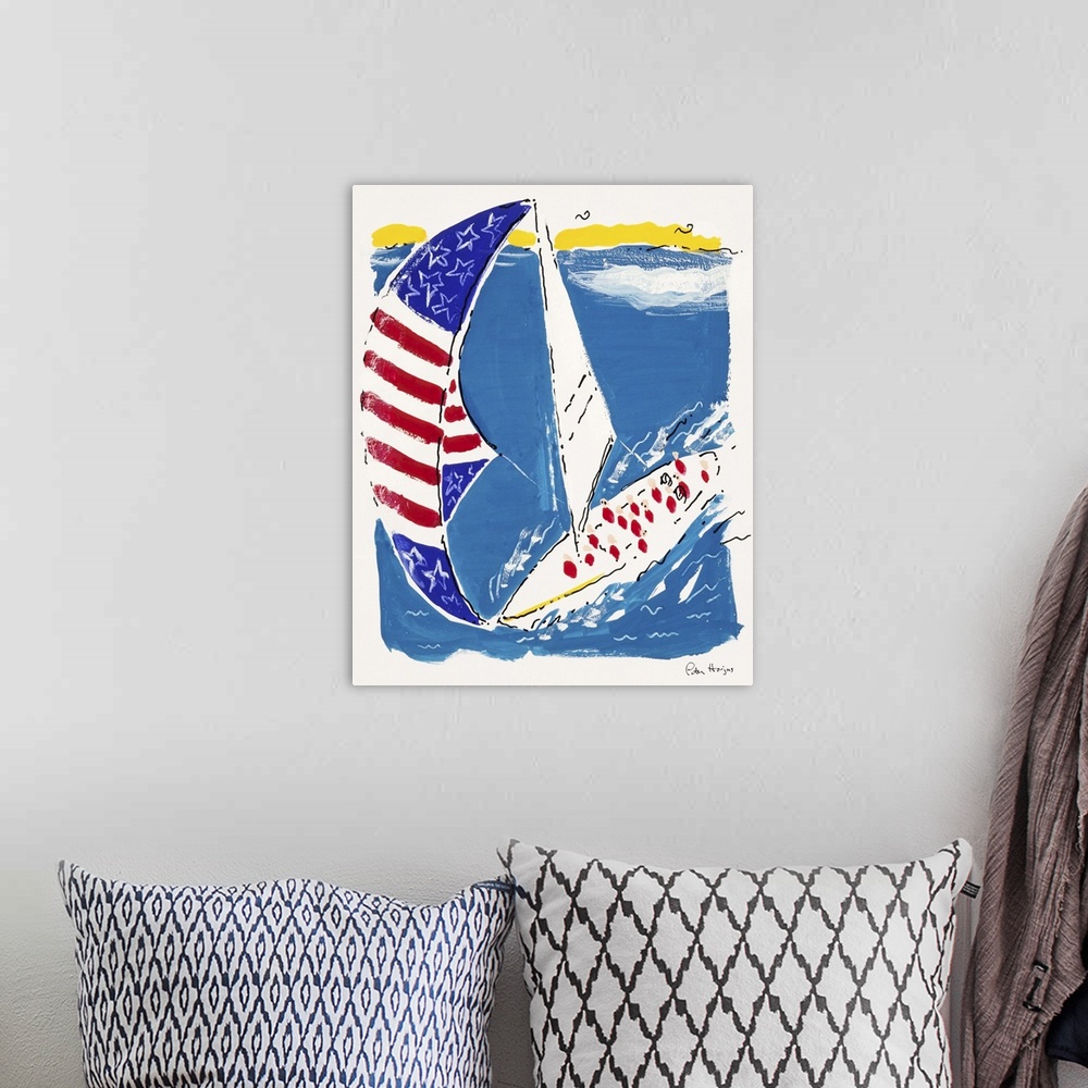 A bohemian room featuring Pen and Ink illustration of America's Cup sailboat with huge spinnaker sail from a bird's eye view.