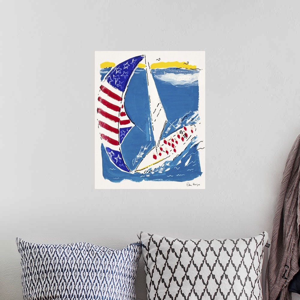 A bohemian room featuring Pen and Ink illustration of America's Cup sailboat with huge spinnaker sail from a bird's eye view.
