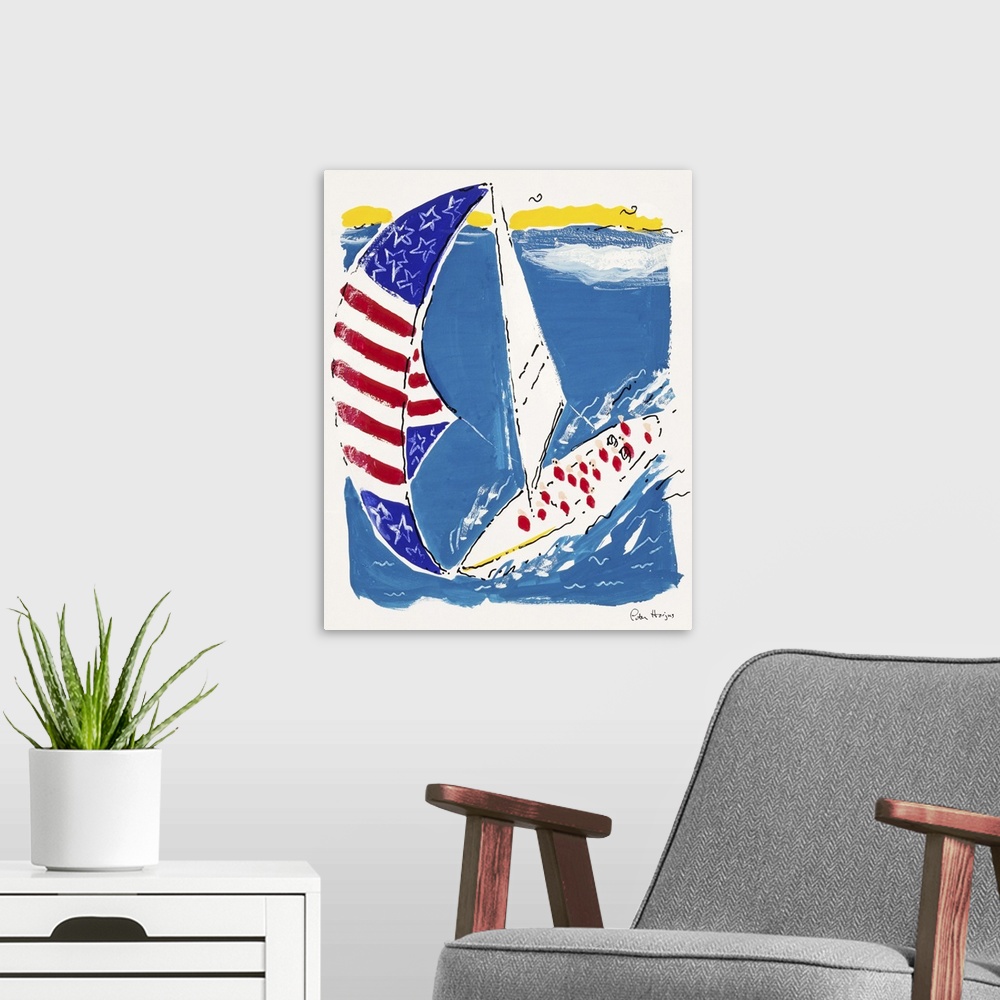 A modern room featuring Pen and Ink illustration of America's Cup sailboat with huge spinnaker sail from a bird's eye view.