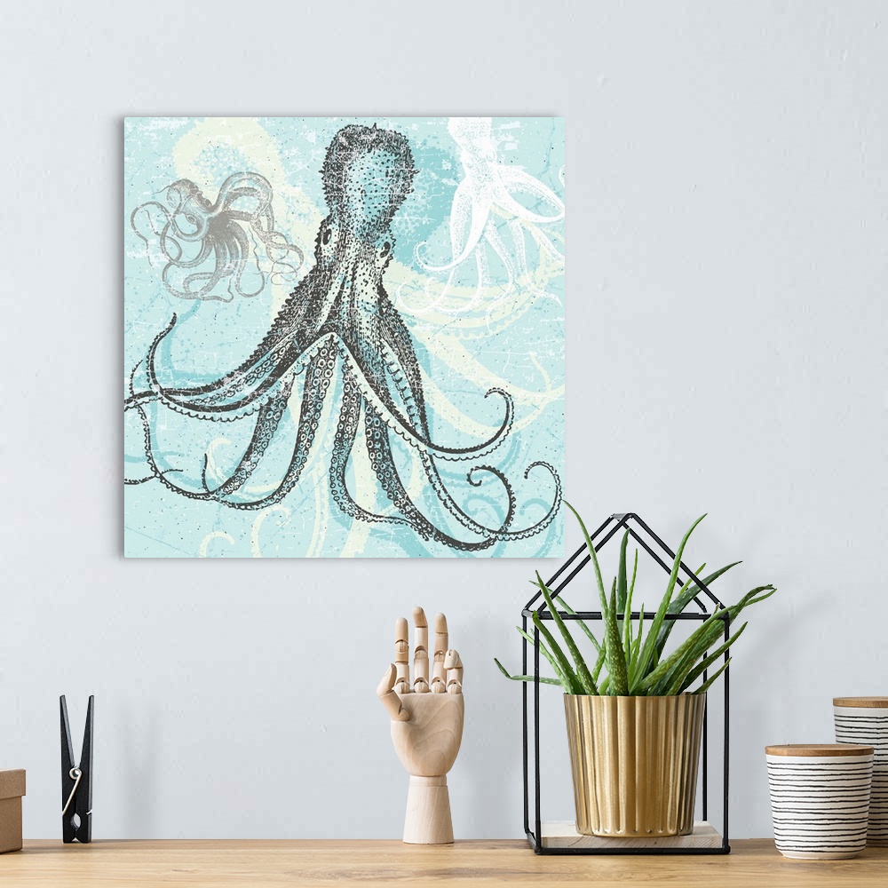 A bohemian room featuring Graphic art collage of a large octopus with other octopus in the background.