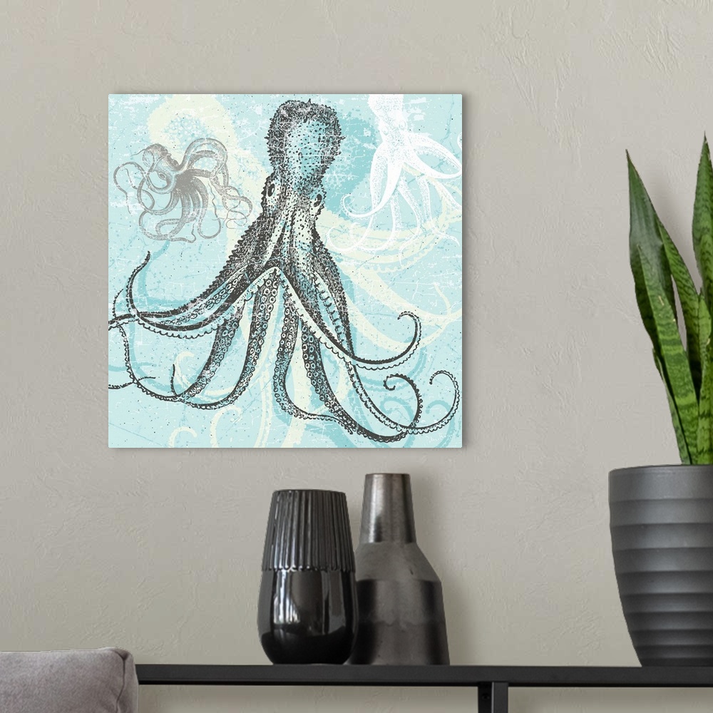 A modern room featuring Graphic art collage of a large octopus with other octopus in the background.