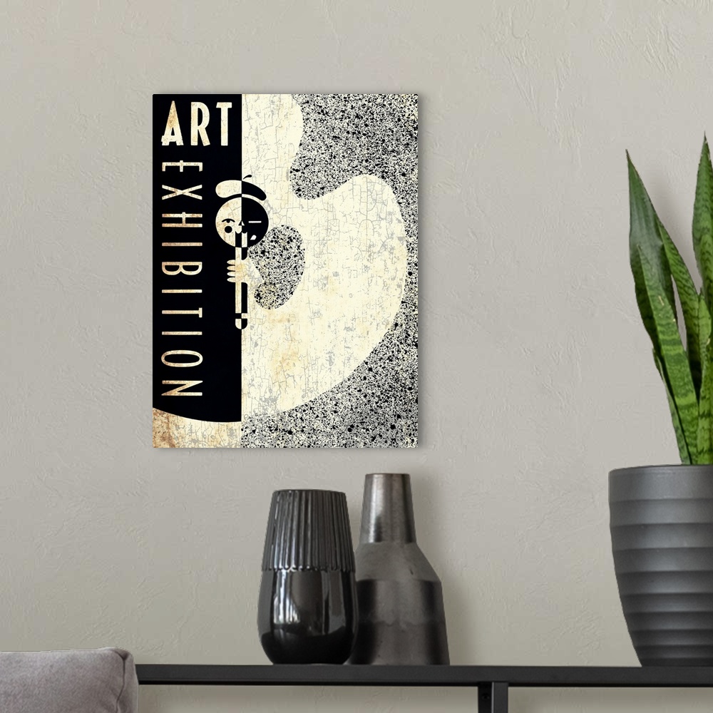 A modern room featuring Vintage black and sepia wall art exhibition poster with graphic Bauhaus artist image and artist p...