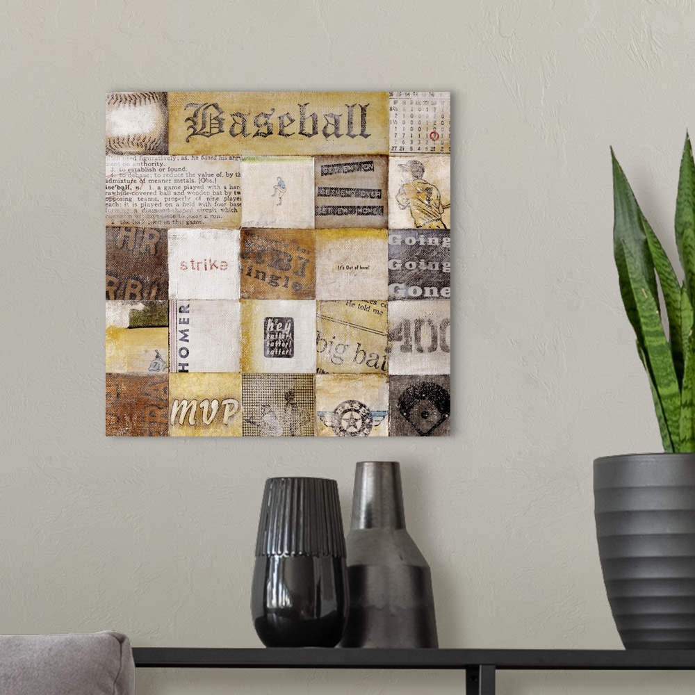 A modern room featuring Distressed collage of retro baseball images, terms and sayings in a checkerboard pattern.