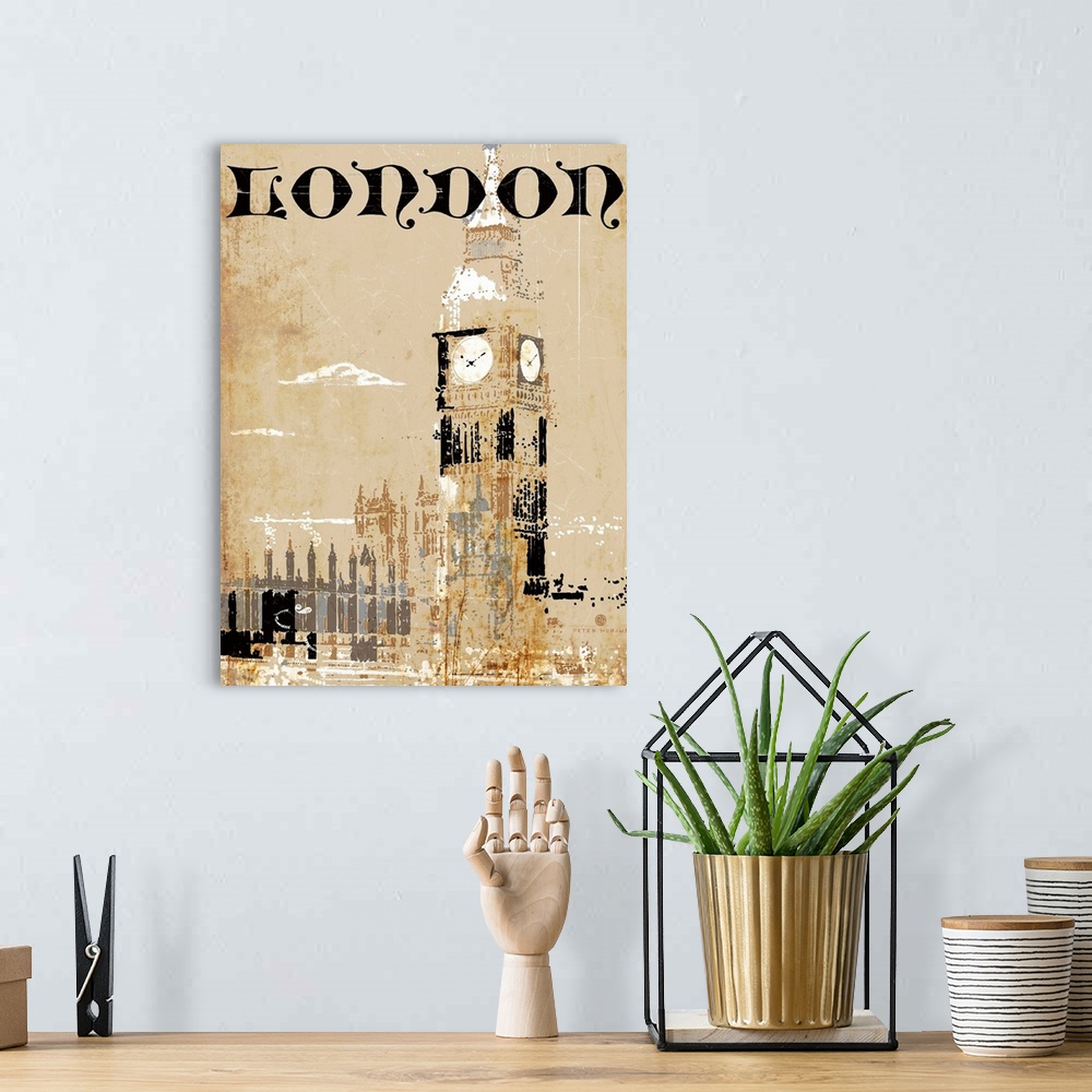 A bohemian room featuring Big Ben in London during the day with the hustle and bustle of the city depicted in the rust back...