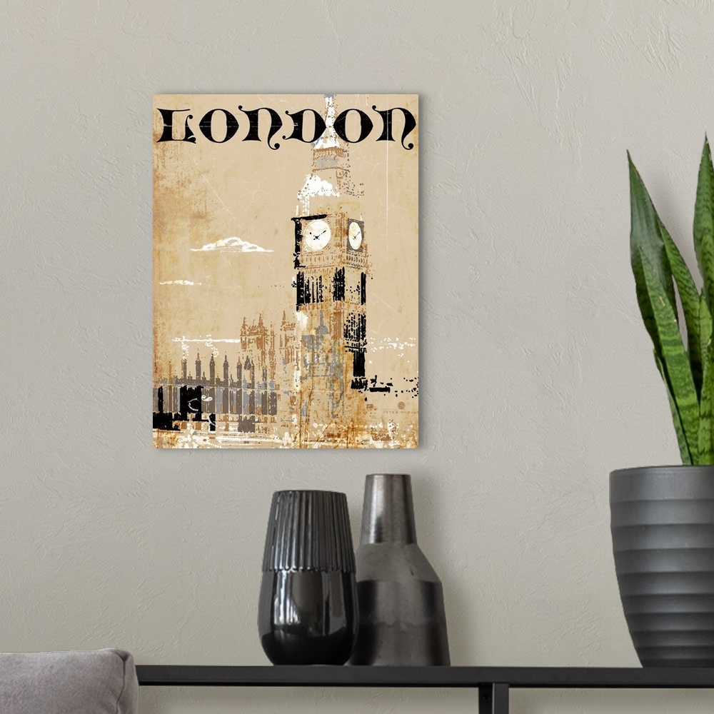 A modern room featuring Big Ben in London during the day with the hustle and bustle of the city depicted in the rust back...
