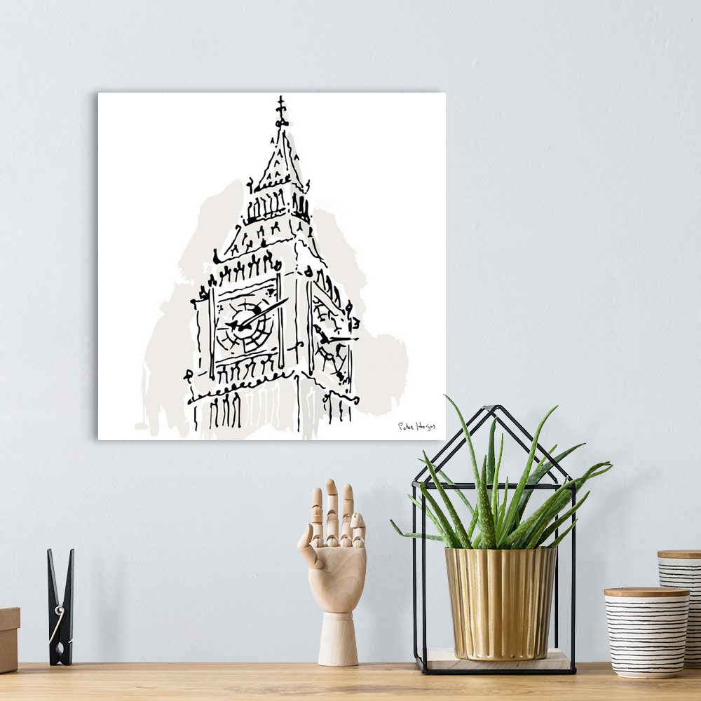 A bohemian room featuring A simple fine line pen and ink illustration wall art with light wash on a white background of the...