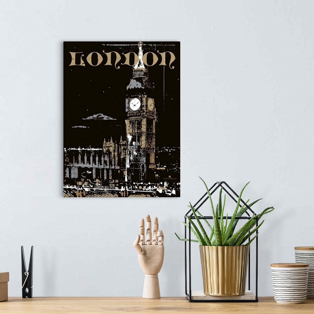 A bohemian room featuring Big Ben in London at night with the city aglow and vibrant with the typography London placed at t...