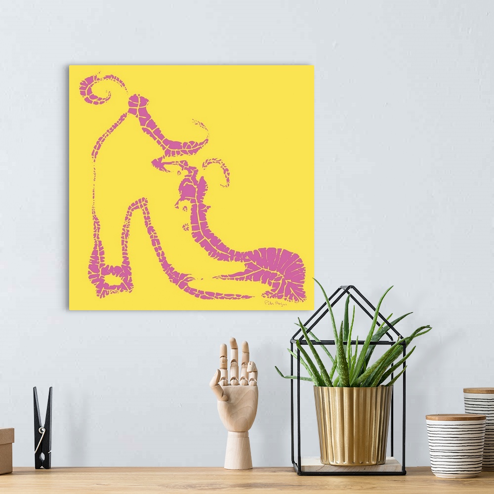 A bohemian room featuring A bold graphic of a simple pink fashionable shoe on a yellow background.