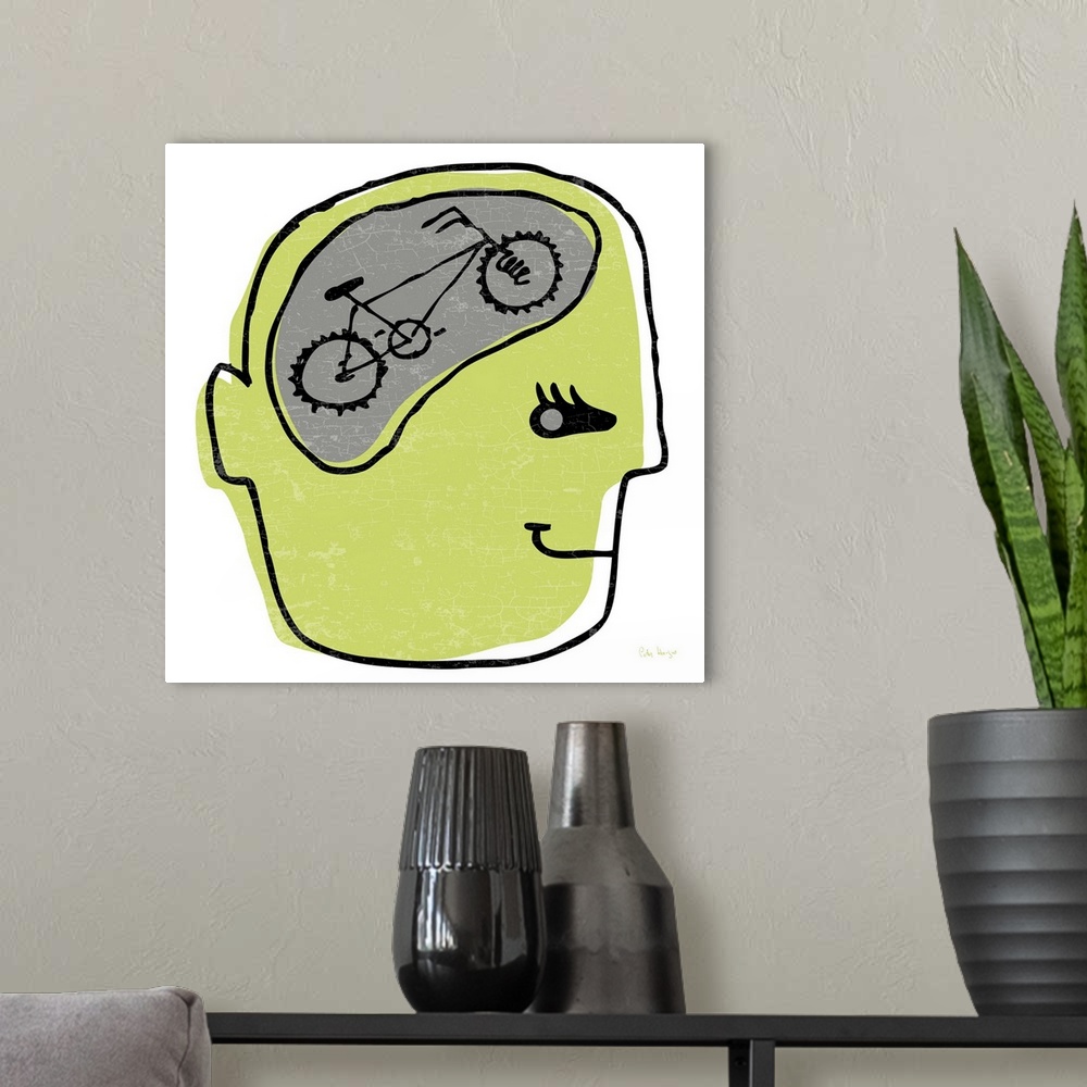 A modern room featuring Line drawing of a persons head with a bike inside of his brain called bike on the Brain.