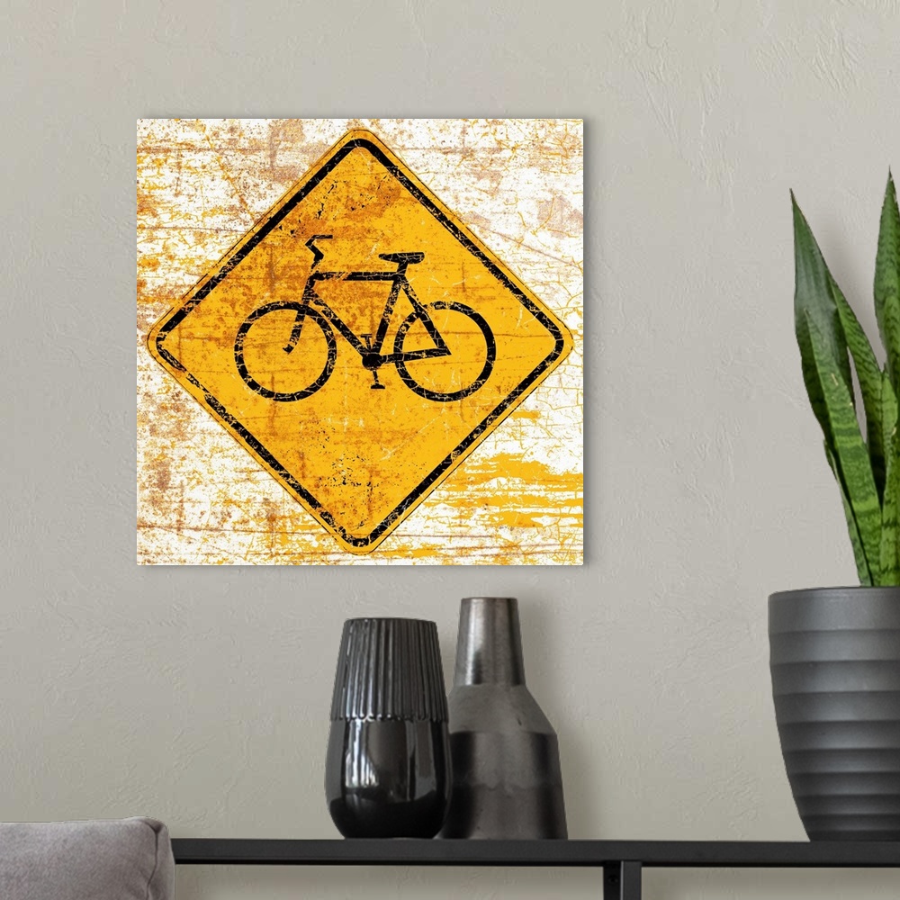 A modern room featuring A worn, distressed, cracked and rusty Bike street sign.