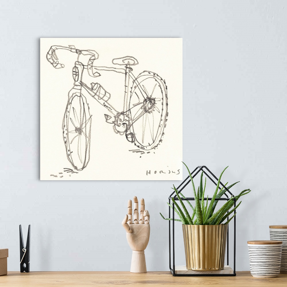 A bohemian room featuring A simple pencil line doodle drawing of a road bike.