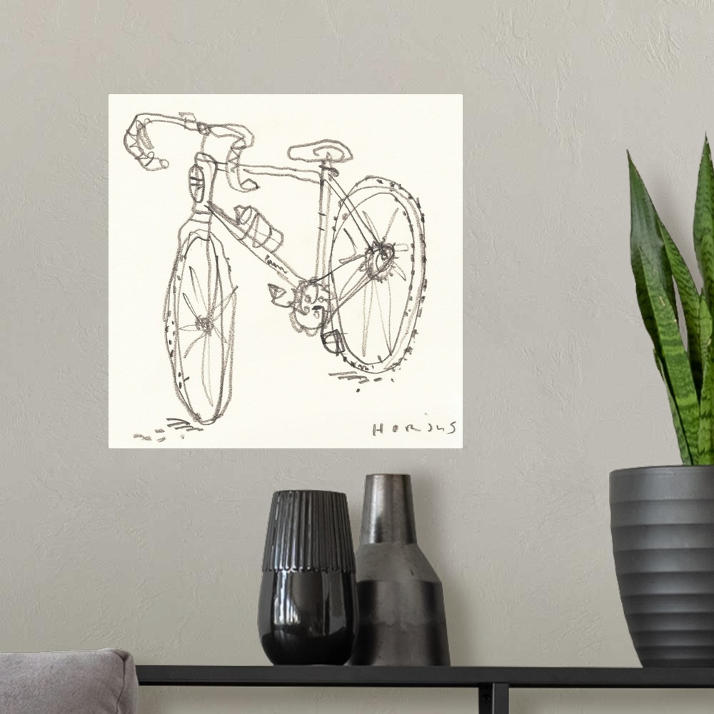 A modern room featuring A simple pencil line doodle drawing of a road bike.