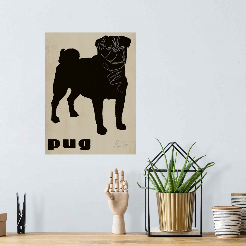 A bohemian room featuring Black pug dog silhouette with pug typography.