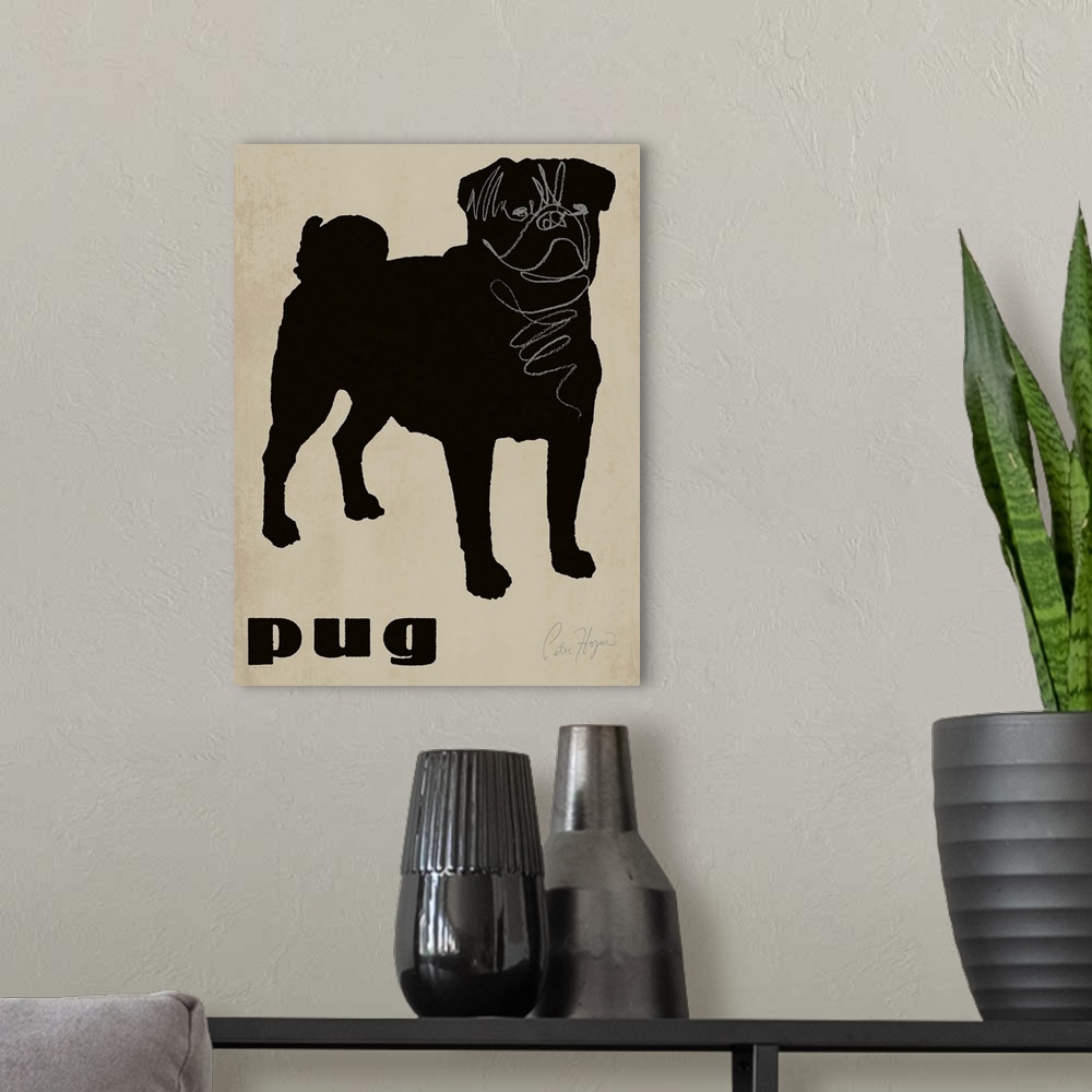 A modern room featuring Black pug dog silhouette with pug typography.