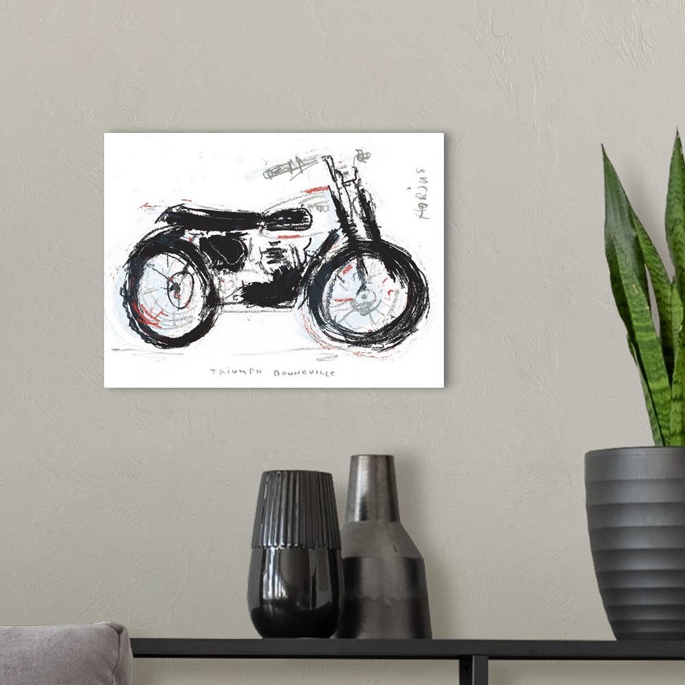 A modern room featuring Mixed media artwork of a vintage motorcycle.