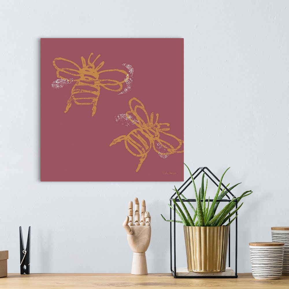 A bohemian room featuring Two yellow busy bees buzzing around depicted in a simple minimalist art fashion on a solid red ba...