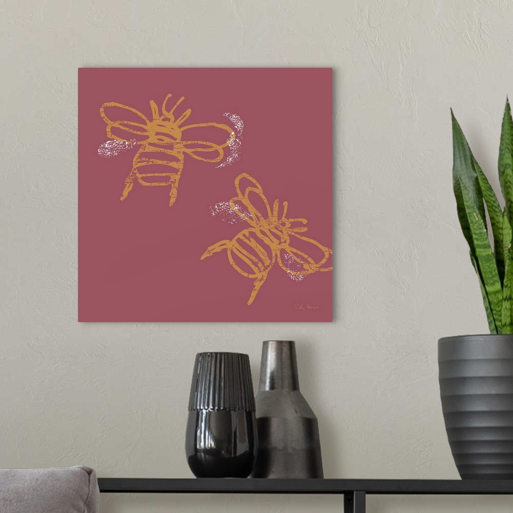 A modern room featuring Two yellow busy bees buzzing around depicted in a simple minimalist art fashion on a solid red ba...