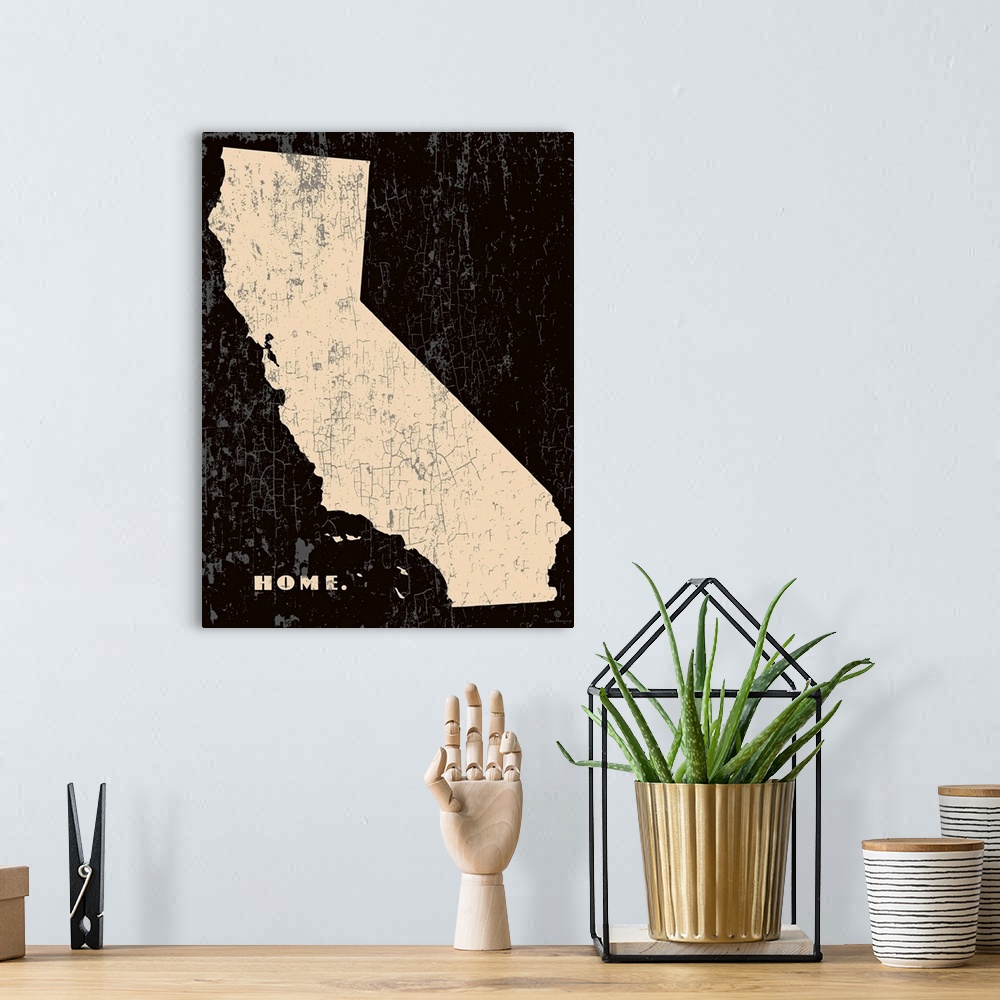 A bohemian room featuring Distressed wall art graphic art of the state of California with the word home in the lower left c...