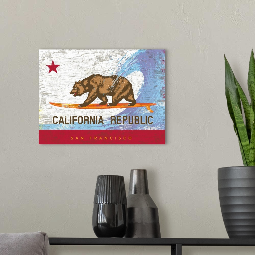 A modern room featuring Wall art of the California state bear flag with the bear surfing on a surfboard with wave behind ...