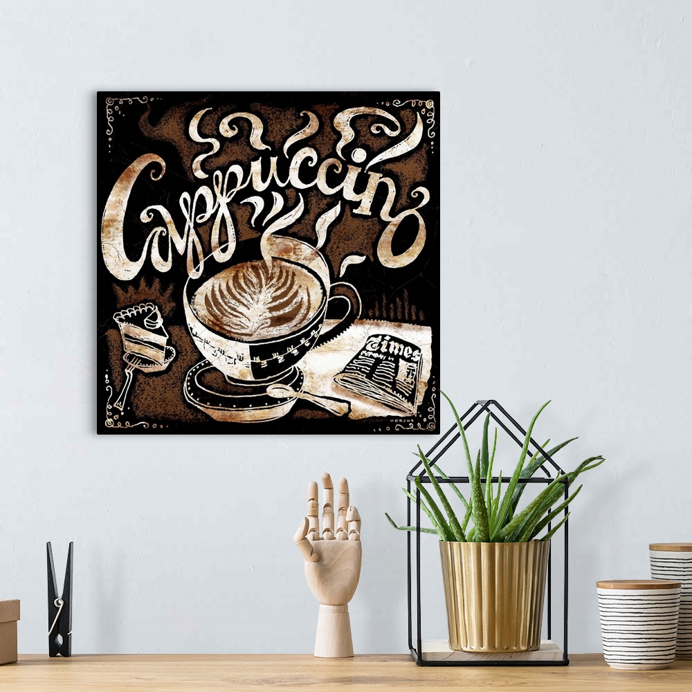 A bohemian room featuring A perfectly poured cappuccino with a side of cake and a newspaper, with the word cappuccino illus...