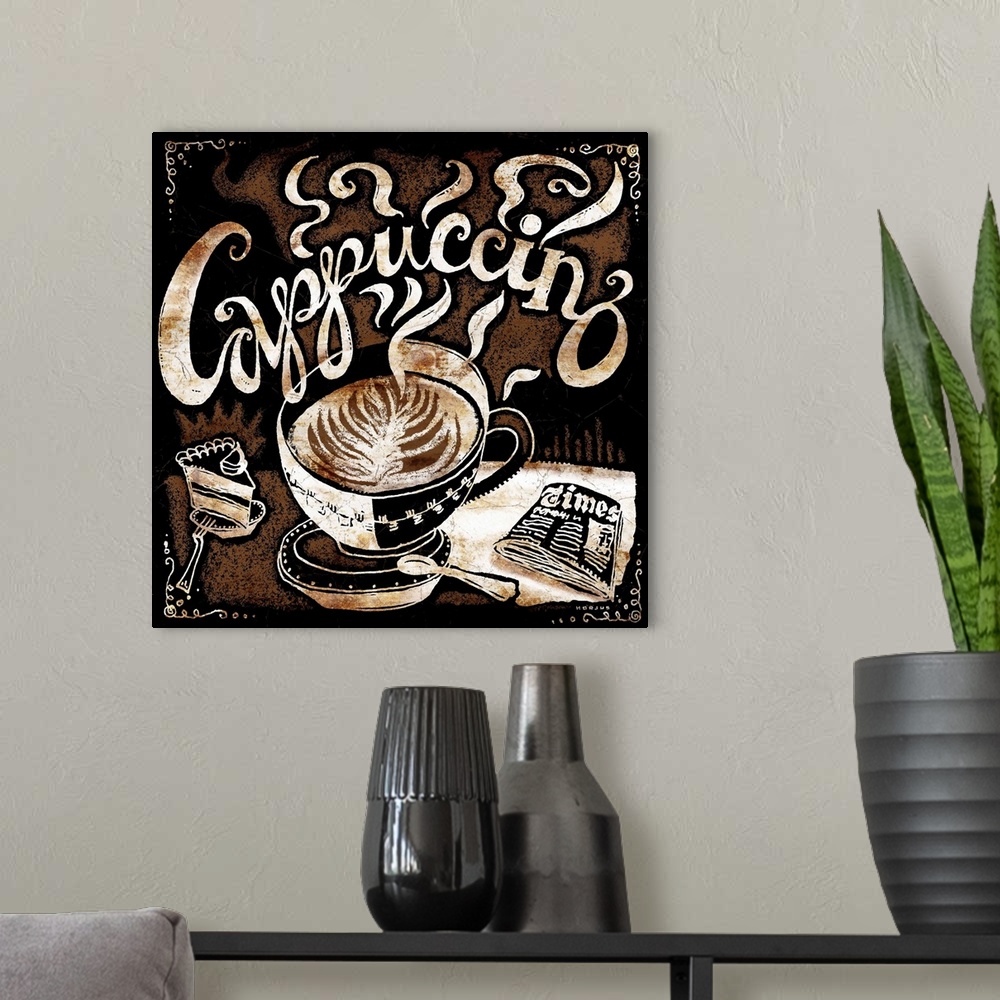 A modern room featuring A perfectly poured cappuccino with a side of cake and a newspaper, with the word cappuccino illus...