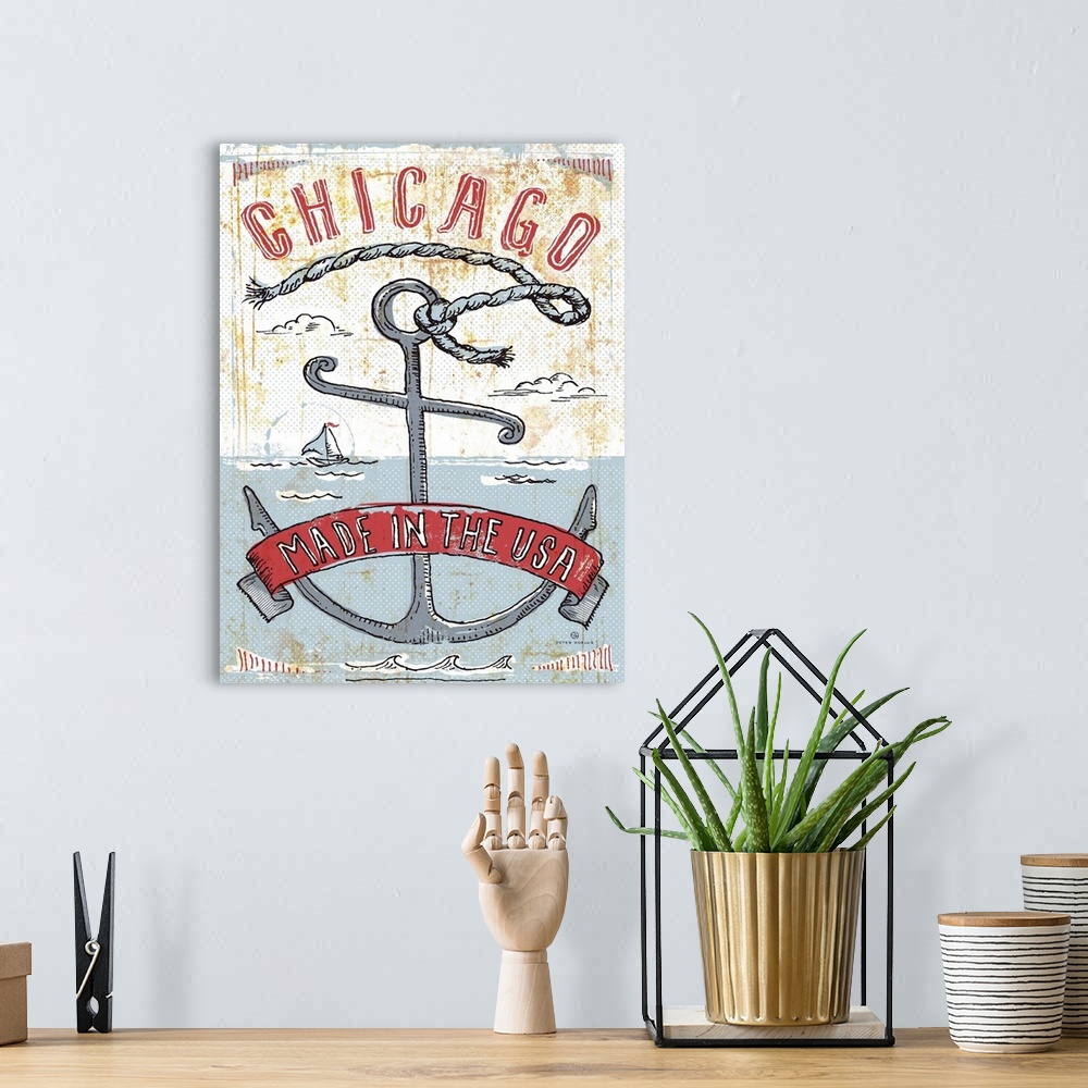 A bohemian room featuring Illustrated vintage, worn, and rusty artwork of Chicago's seaport harbor, with an anchor and a ri...