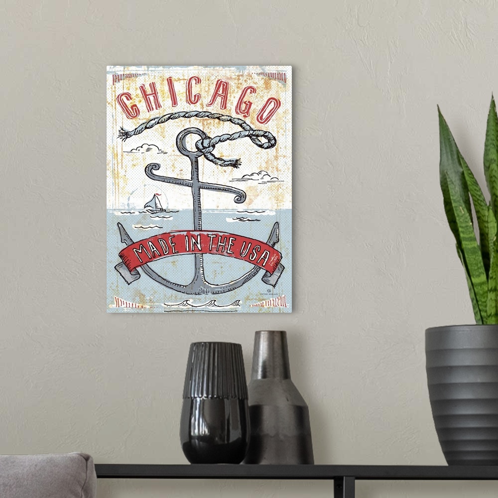 A modern room featuring Illustrated vintage, worn, and rusty artwork of Chicago's seaport harbor, with an anchor and a ri...
