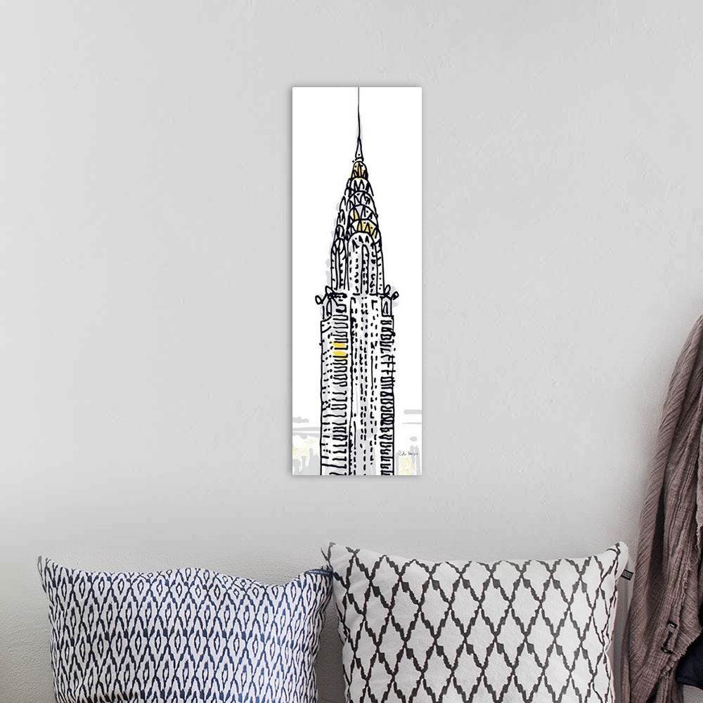 A bohemian room featuring Pen and ink illustration of the top of the Chrysler Building in New York City.