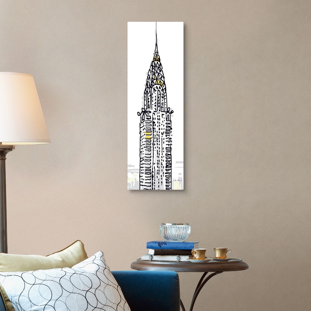 A traditional room featuring Pen and ink illustration of the top of the Chrysler Building in New York City.