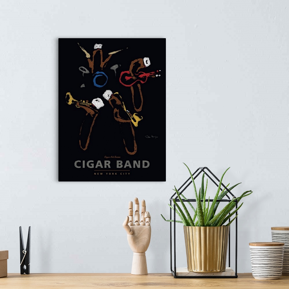 A bohemian room featuring Wall art cigar poster of a group of cigars playing instruments in a band with the words Cigar Band.