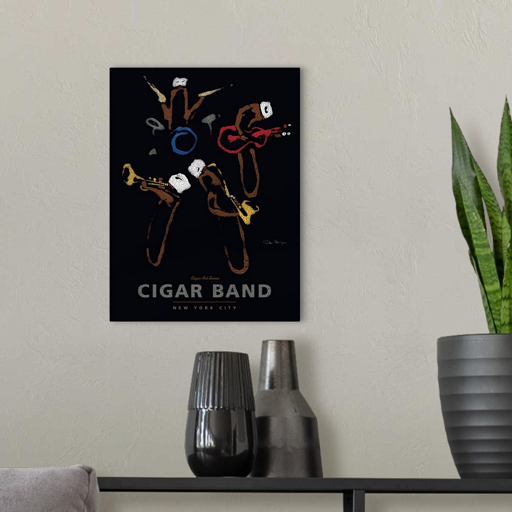 A modern room featuring Wall art cigar poster of a group of cigars playing instruments in a band with the words Cigar Band.