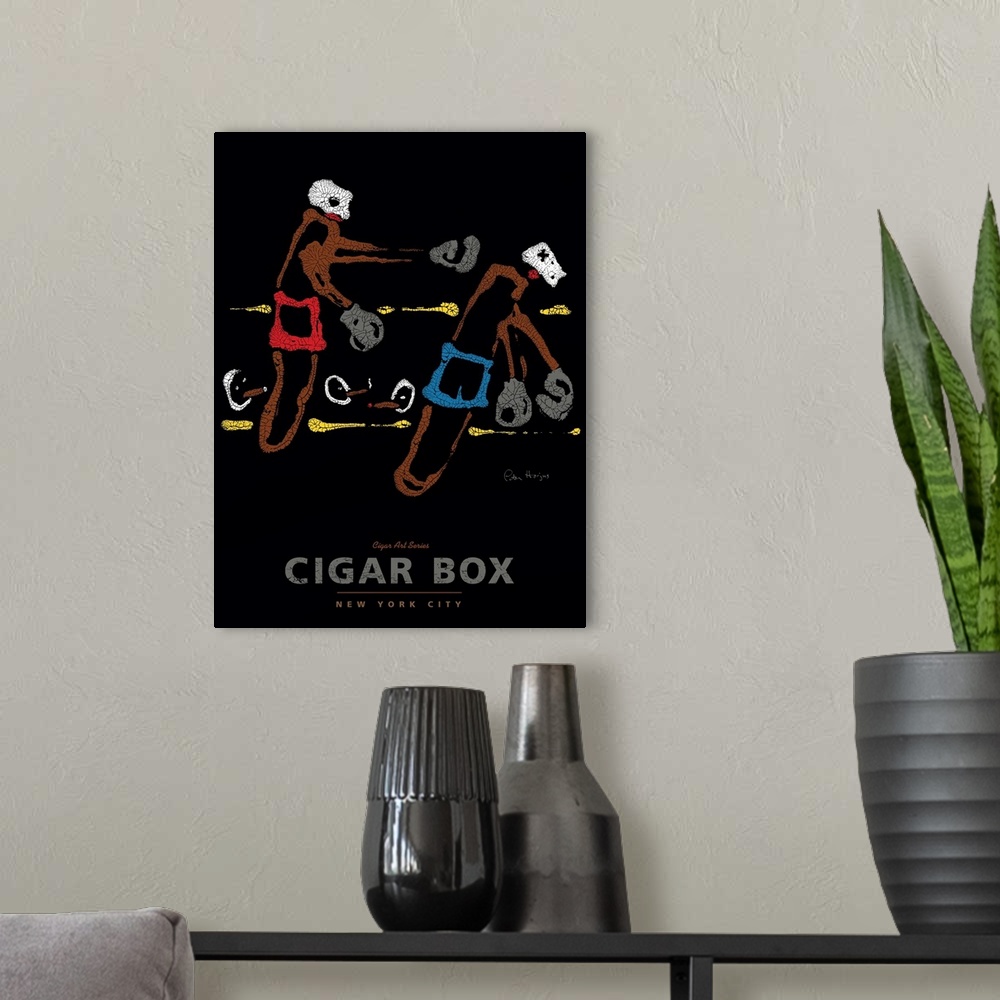 A modern room featuring Wall art cigar poster of two cigars boxing in a boxing ring with the words Cigar Box.