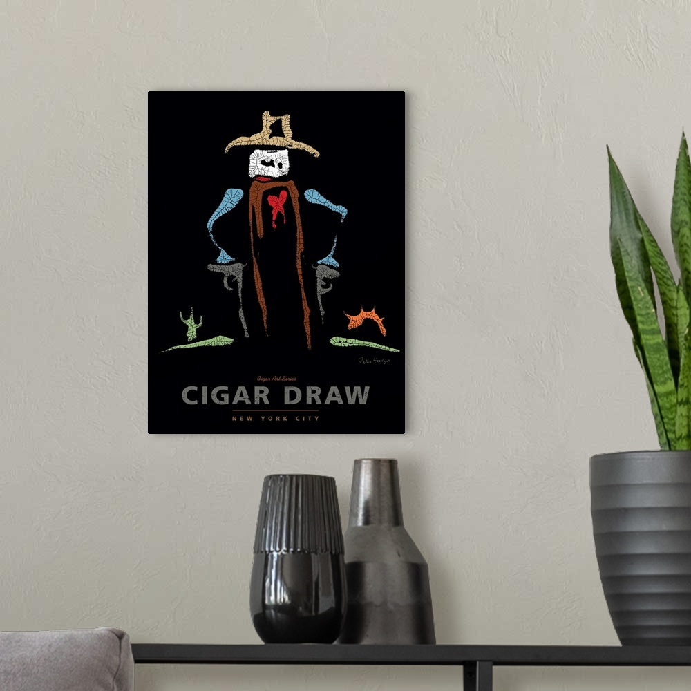 A modern room featuring Wall art cigar poster of a cigar dressed as a cowboy with two guns, cowboy hat, in a desert setti...