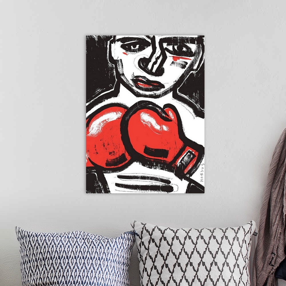 A bohemian room featuring Black and white painting of a fighting boxer with red boxing gloves.