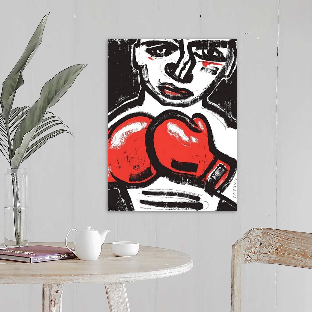 A farmhouse room featuring Black and white painting of a fighting boxer with red boxing gloves.