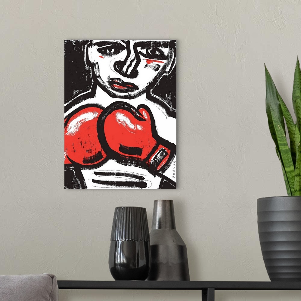 A modern room featuring Black and white painting of a fighting boxer with red boxing gloves.