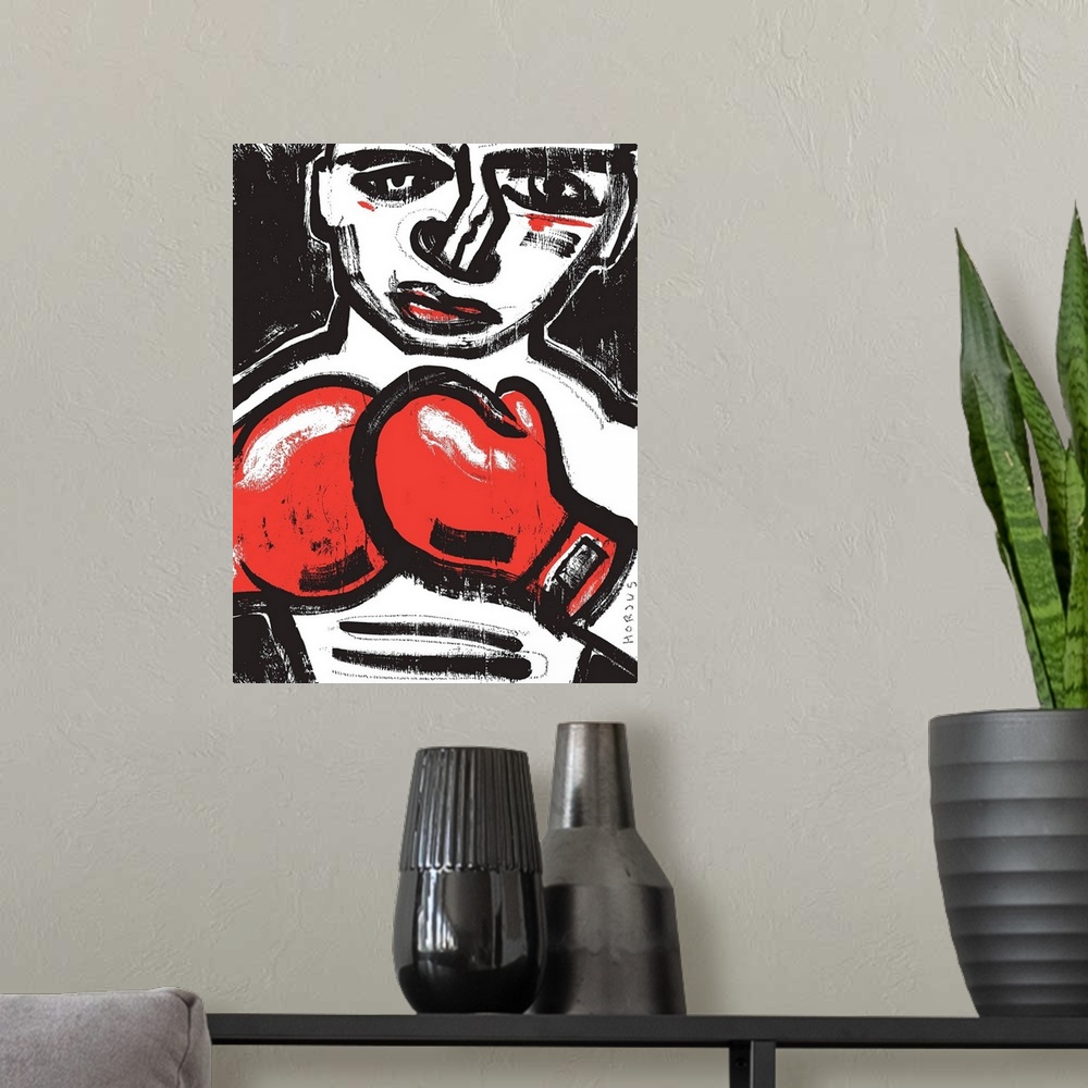 A modern room featuring Black and white painting of a fighting boxer with red boxing gloves.