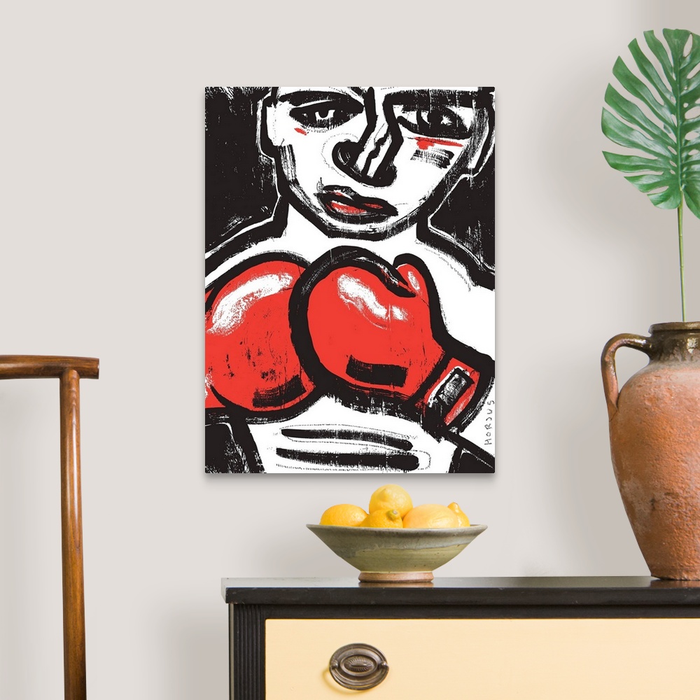 A traditional room featuring Black and white painting of a fighting boxer with red boxing gloves.