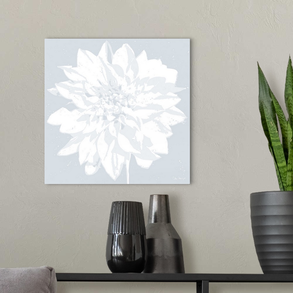 A modern room featuring Close-up graphic of a white dahlia flower on a light blue background.