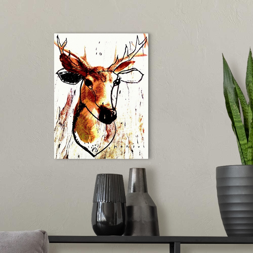 A modern room featuring Deer head bust both photographed and drawn with pencil.