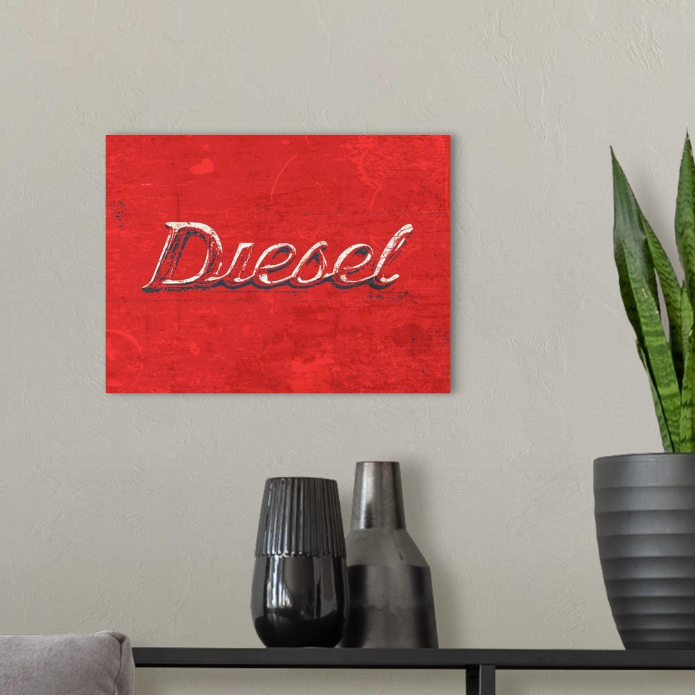 A modern room featuring Graphic rusty wall art of distressed typography with the the word DIESEL large and in center on a...