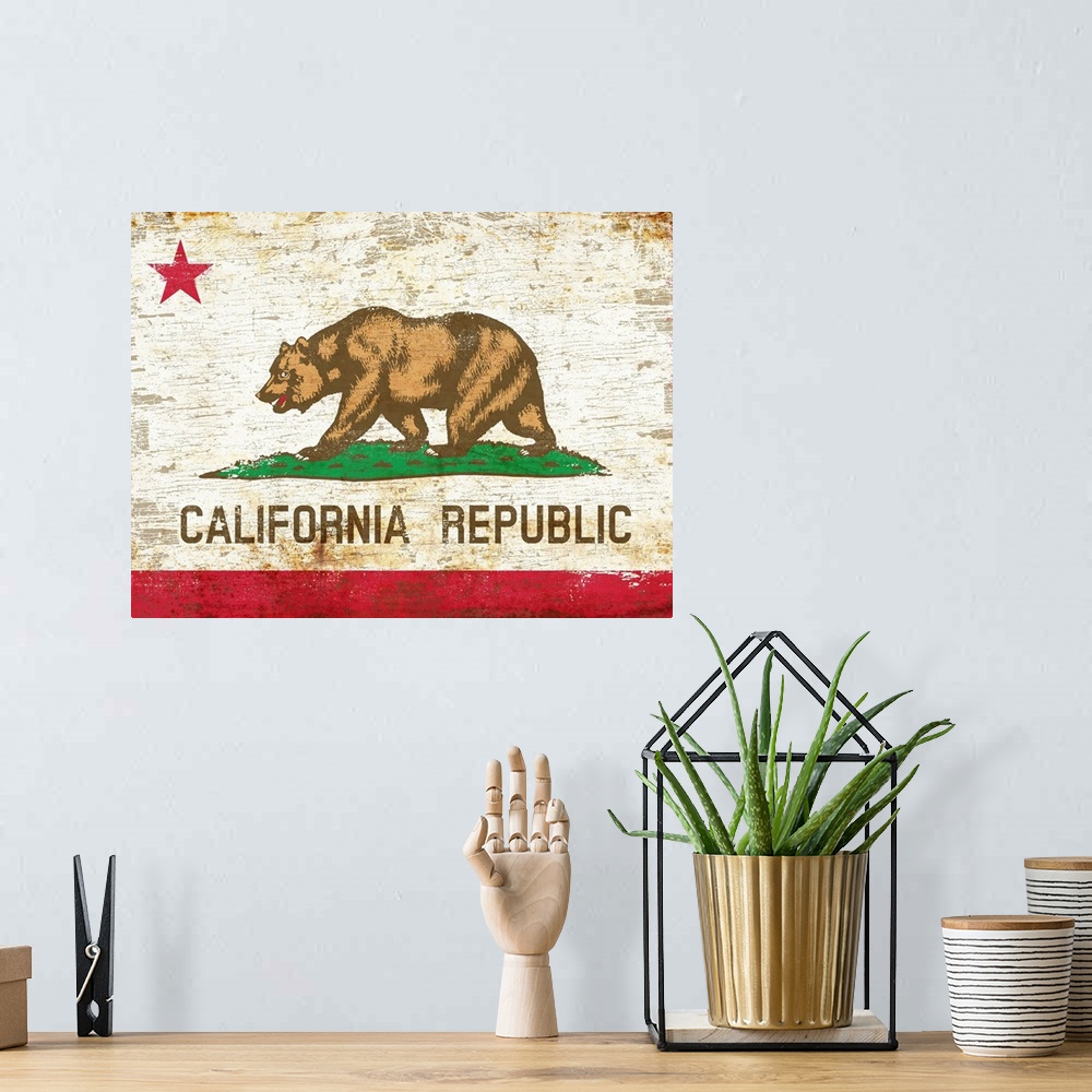 A bohemian room featuring Worn and distressed California state bear flag