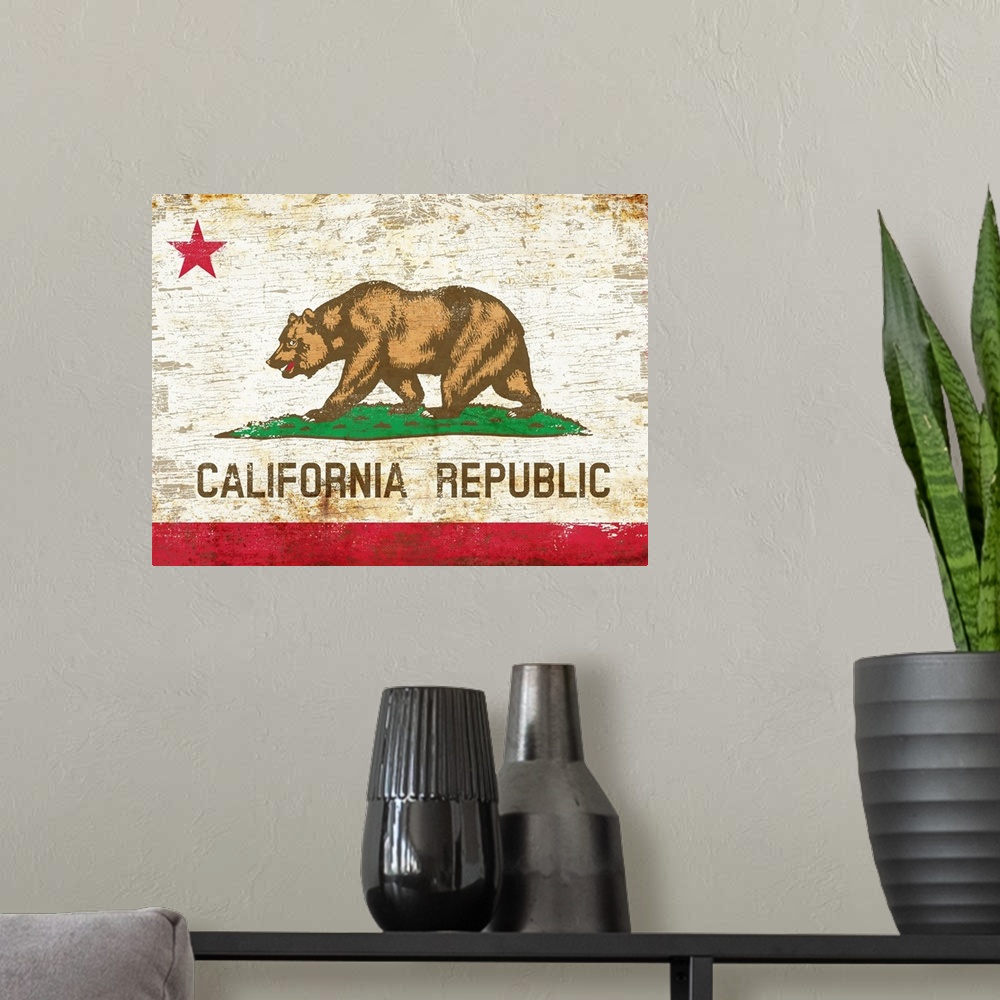 A modern room featuring Worn and distressed California state bear flag