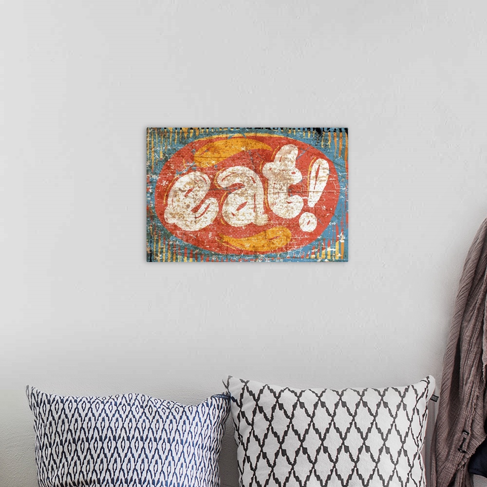 A bohemian room featuring Large Eat word with a distressed rusty background.