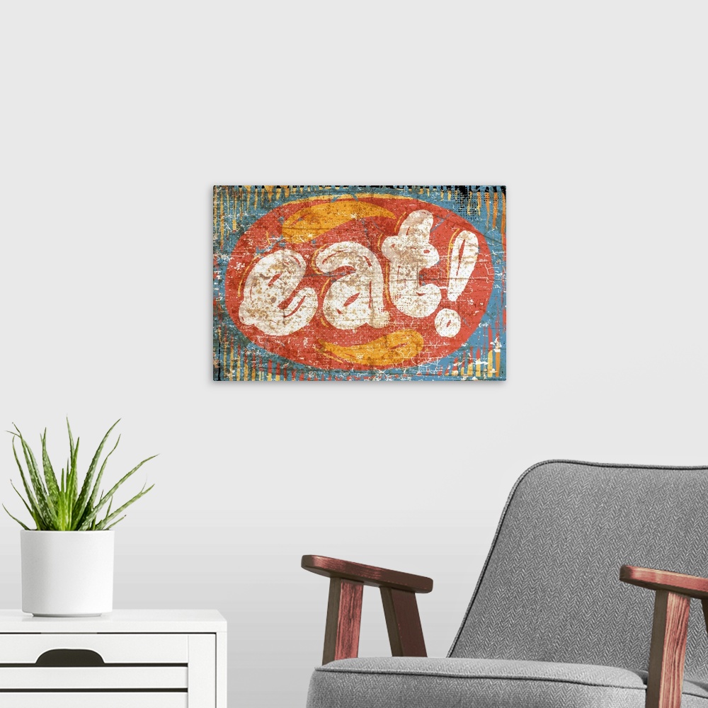 A modern room featuring Large Eat word with a distressed rusty background.