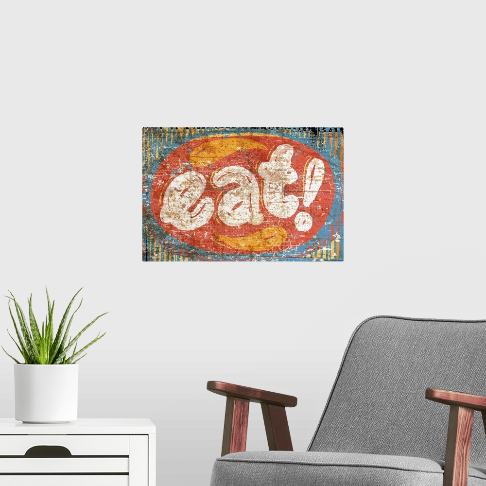 A modern room featuring Large Eat word with a distressed rusty background.