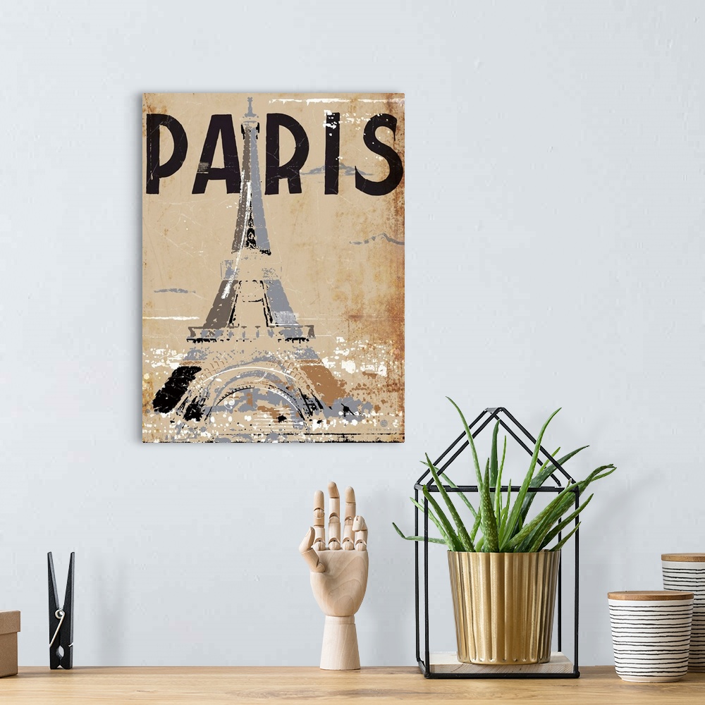A bohemian room featuring The Eiffel Tower with the hustle and bustle of the city against a tan background with the word Pa...
